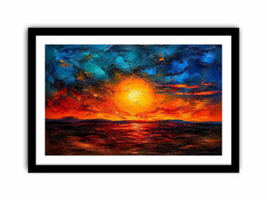 Abstract sunset landscape wall art with glowing sun and dramatic sky, textured modern canvas for living room and bedroom decor