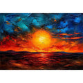 Abstract sunset landscape wall art with glowing sun and dramatic sky, textured modern canvas for living room and bedroom decor