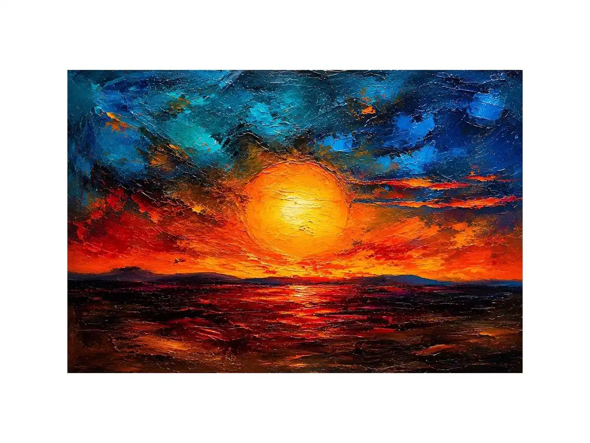 Abstract sunset landscape wall art with glowing sun and dramatic sky, textured modern canvas for living room and bedroom decor
