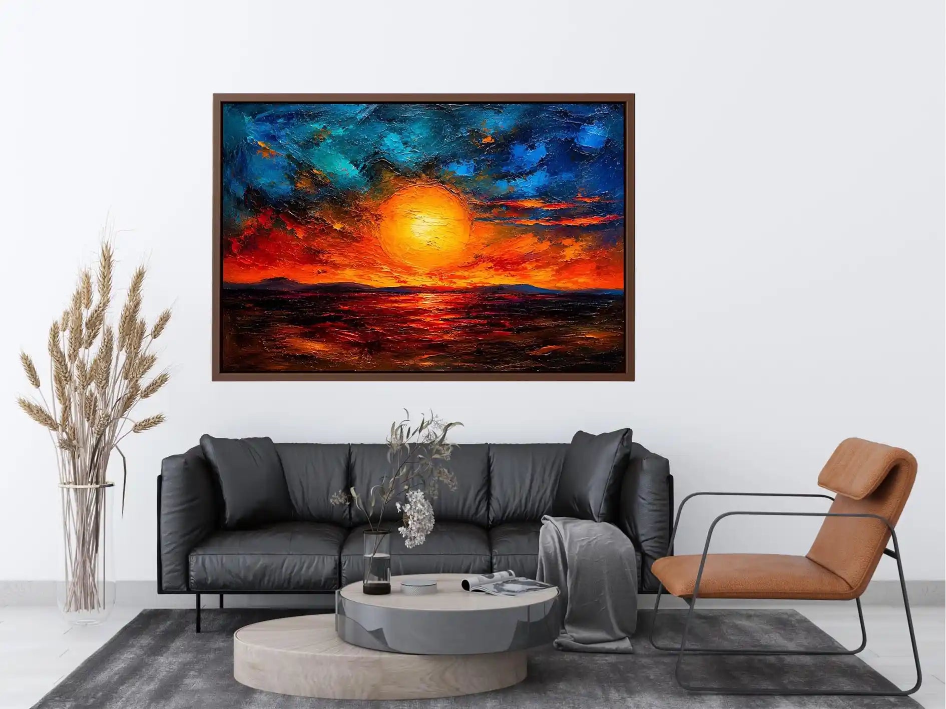 Abstract sunset landscape wall art with glowing sun and dramatic sky, textured modern canvas for living room and bedroom decor
