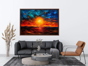 Abstract sunset landscape wall art with glowing sun and dramatic sky, textured modern canvas for living room and bedroom decor
