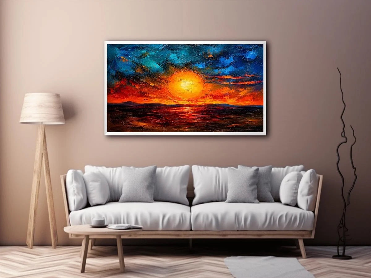 Abstract sunset landscape wall art with glowing sun and dramatic sky, textured modern canvas for living room and bedroom decor