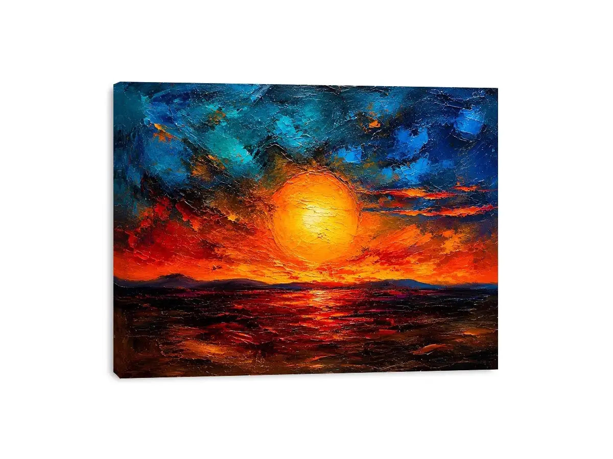 Abstract sunset landscape wall art with glowing sun and dramatic sky, textured modern canvas for living room and bedroom decor