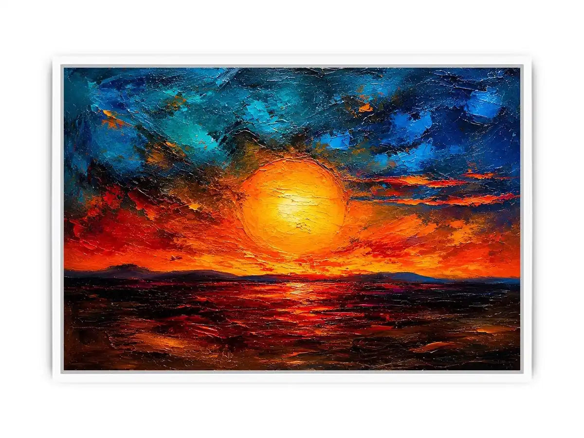 Abstract sunset landscape wall art with glowing sun and dramatic sky, textured modern canvas for living room and bedroom decor