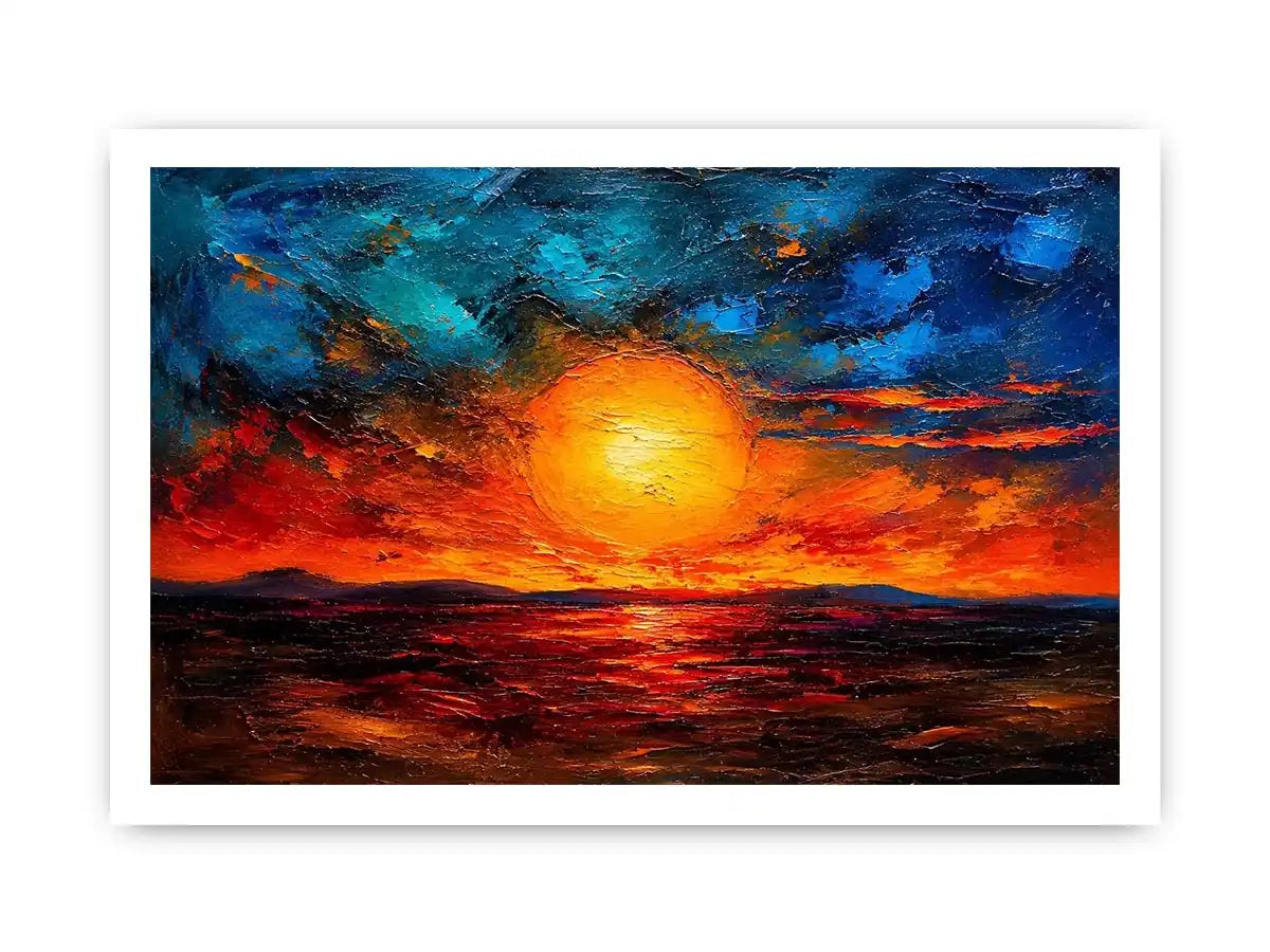 Abstract sunset landscape wall art with glowing sun and dramatic sky, textured modern canvas for living room and bedroom decor