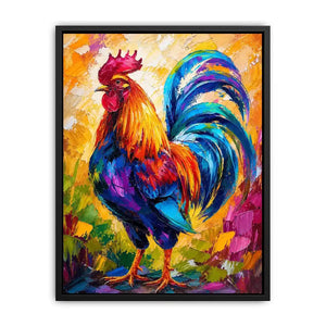 Colorful rooster wall art with bold abstract brushstrokes and vibrant feathers, modern farmhouse canvas for kitchen and dining room decor