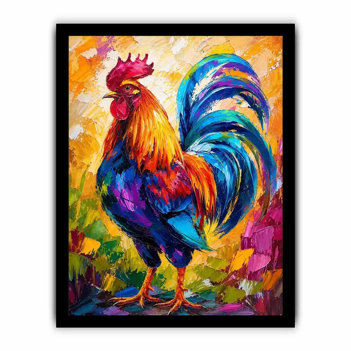 Colorful rooster wall art with bold abstract brushstrokes and vibrant feathers, modern farmhouse canvas for kitchen and dining room decor