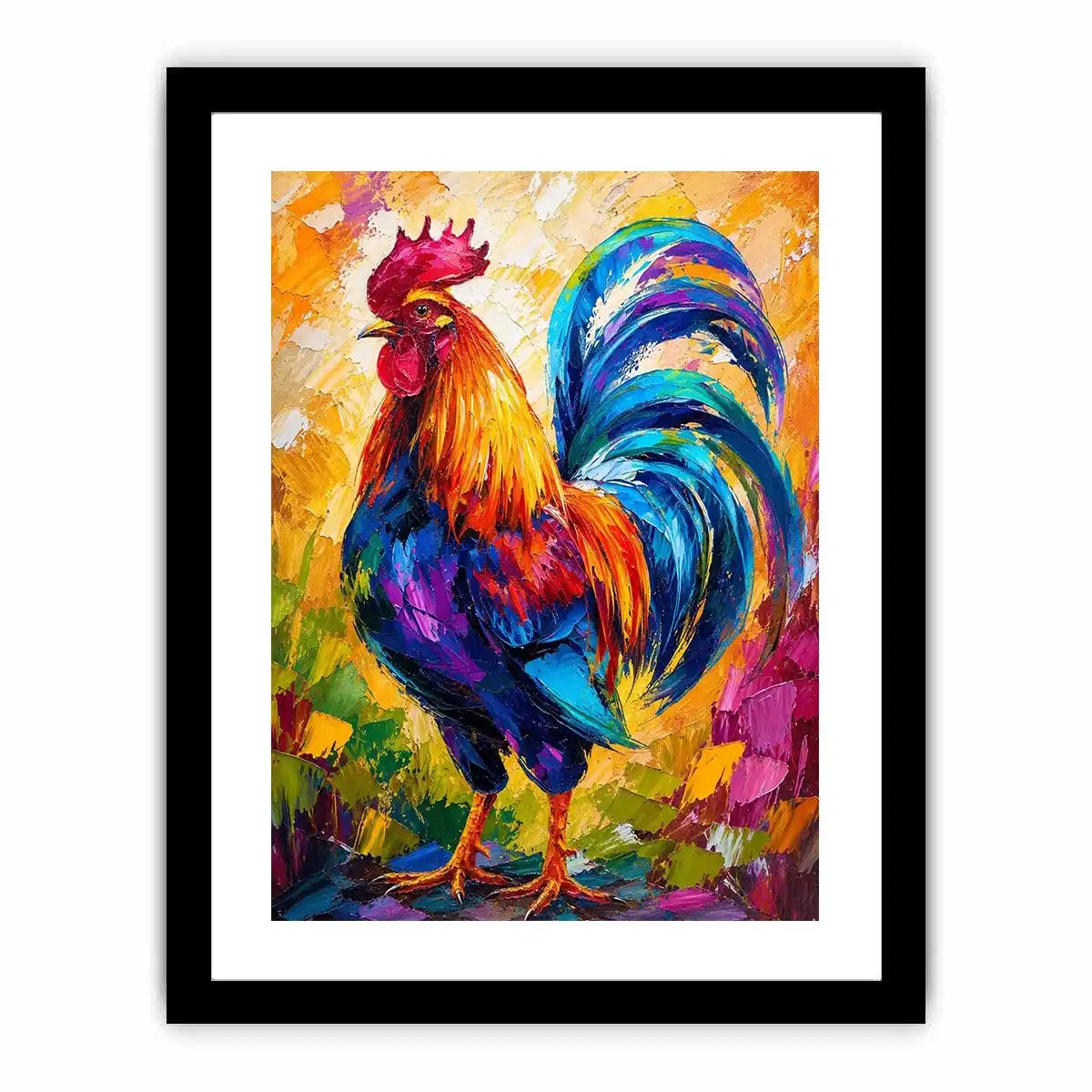 Colorful rooster wall art with bold abstract brushstrokes and vibrant feathers, modern farmhouse canvas for kitchen and dining room decor