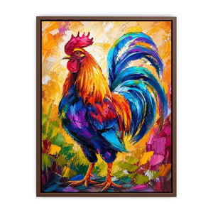 Colorful rooster wall art with bold abstract brushstrokes and vibrant feathers, modern farmhouse canvas for kitchen and dining room decor