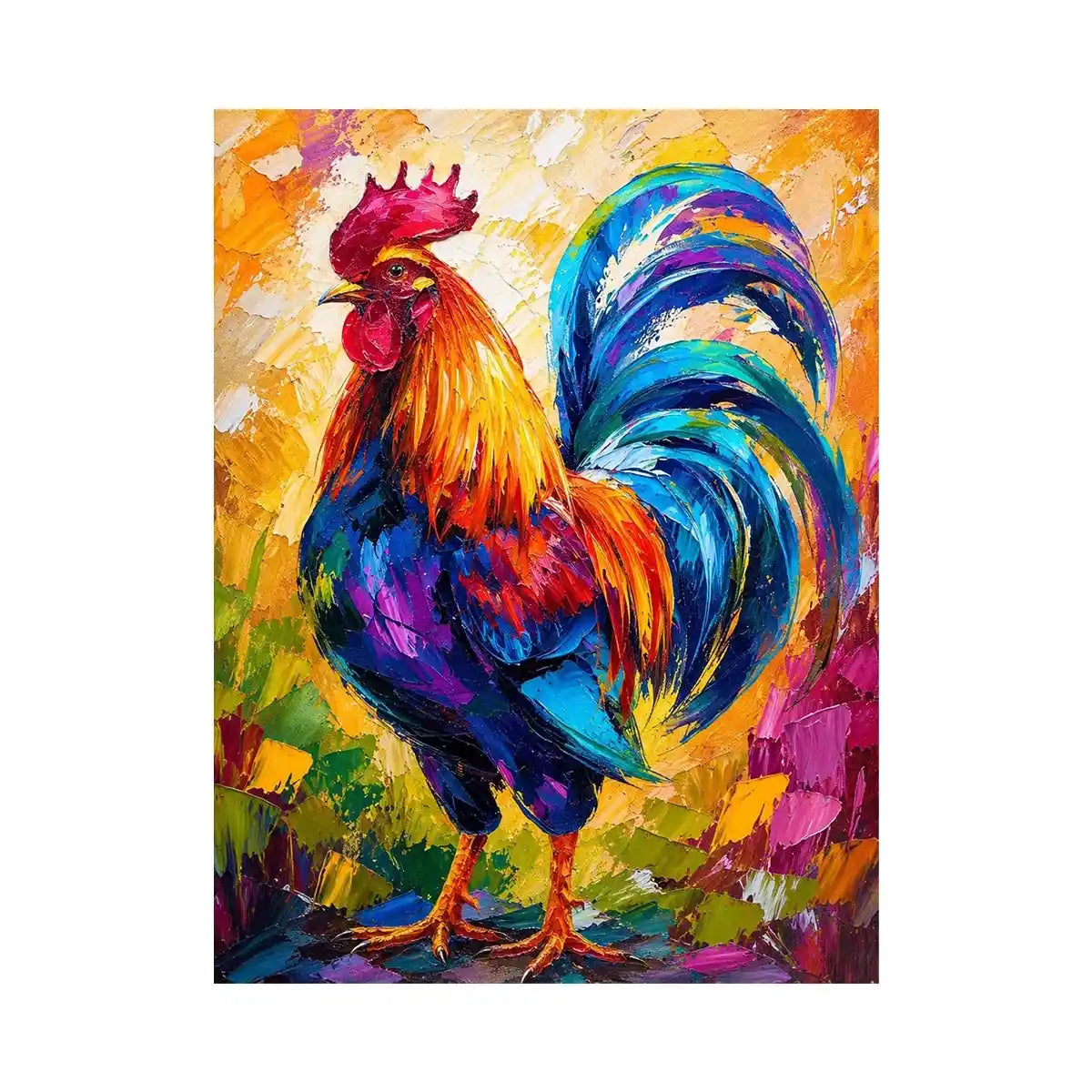 Colorful rooster wall art with bold abstract brushstrokes and vibrant feathers, modern farmhouse canvas for kitchen and dining room decor