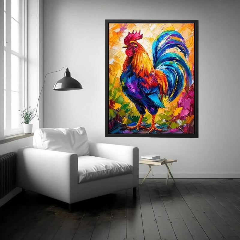 Colorful rooster wall art with bold abstract brushstrokes and vibrant feathers, modern farmhouse canvas for kitchen and dining room decor