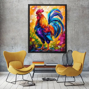 Colorful rooster wall art with bold abstract brushstrokes and vibrant feathers, modern farmhouse canvas for kitchen and dining room decor
