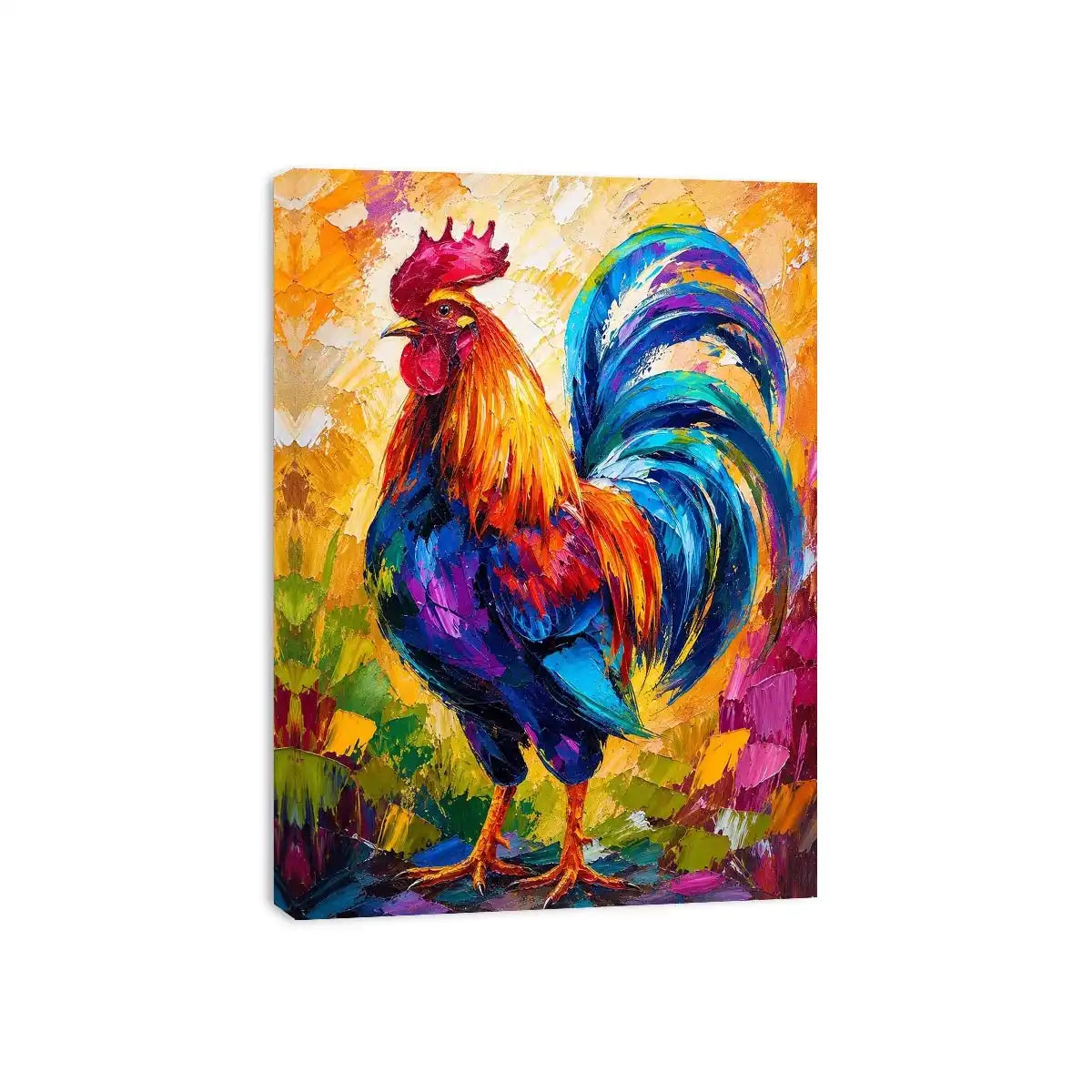 Colorful rooster wall art with bold abstract brushstrokes and vibrant feathers, modern farmhouse canvas for kitchen and dining room decor