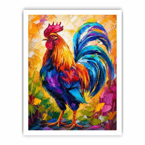 Colorful rooster wall art with bold abstract brushstrokes and vibrant feathers, modern farmhouse canvas for kitchen and dining room decor