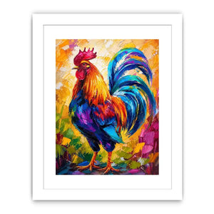Colorful rooster wall art with bold abstract brushstrokes and vibrant feathers, modern farmhouse canvas for kitchen and dining room decor