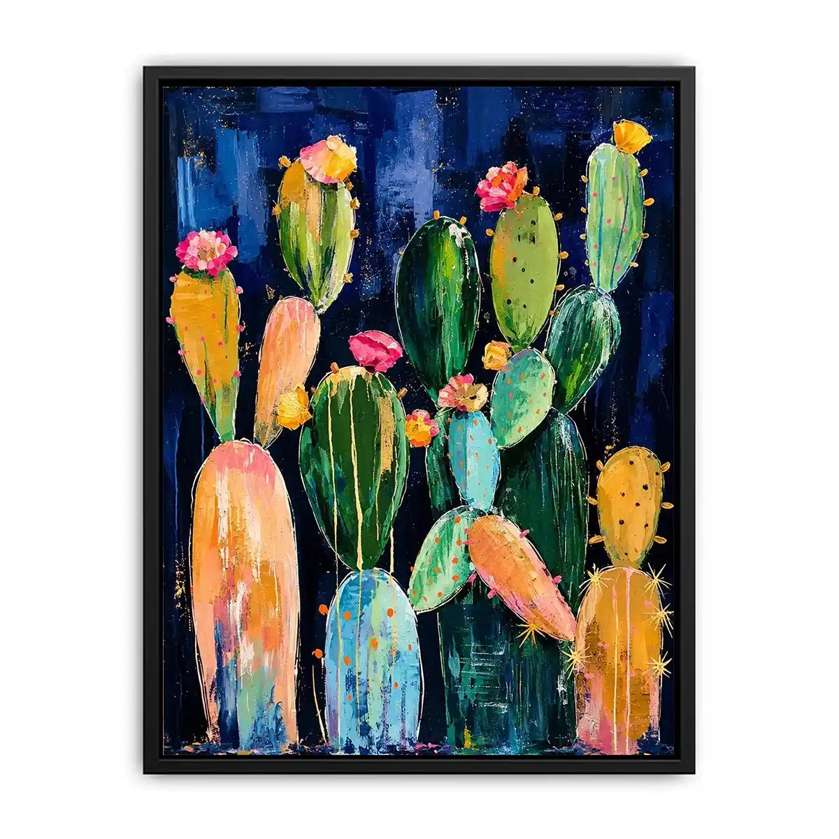 Modern cactus wall art with abstract botanical shapes and soft colors on dark background, stylish desert canvas for living room and hallway decor