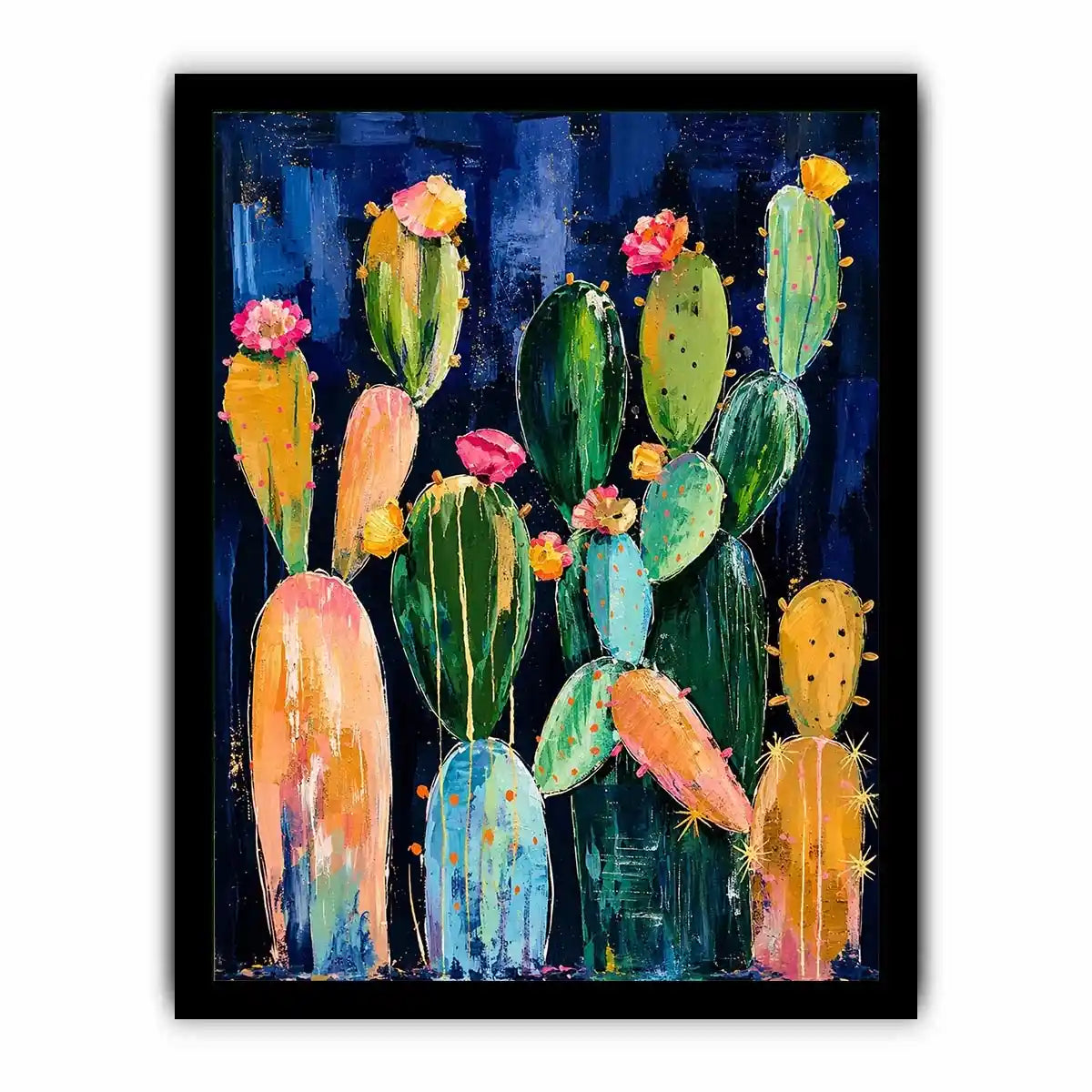 Modern cactus wall art with abstract botanical shapes and soft colors on dark background, stylish desert canvas for living room and hallway decor