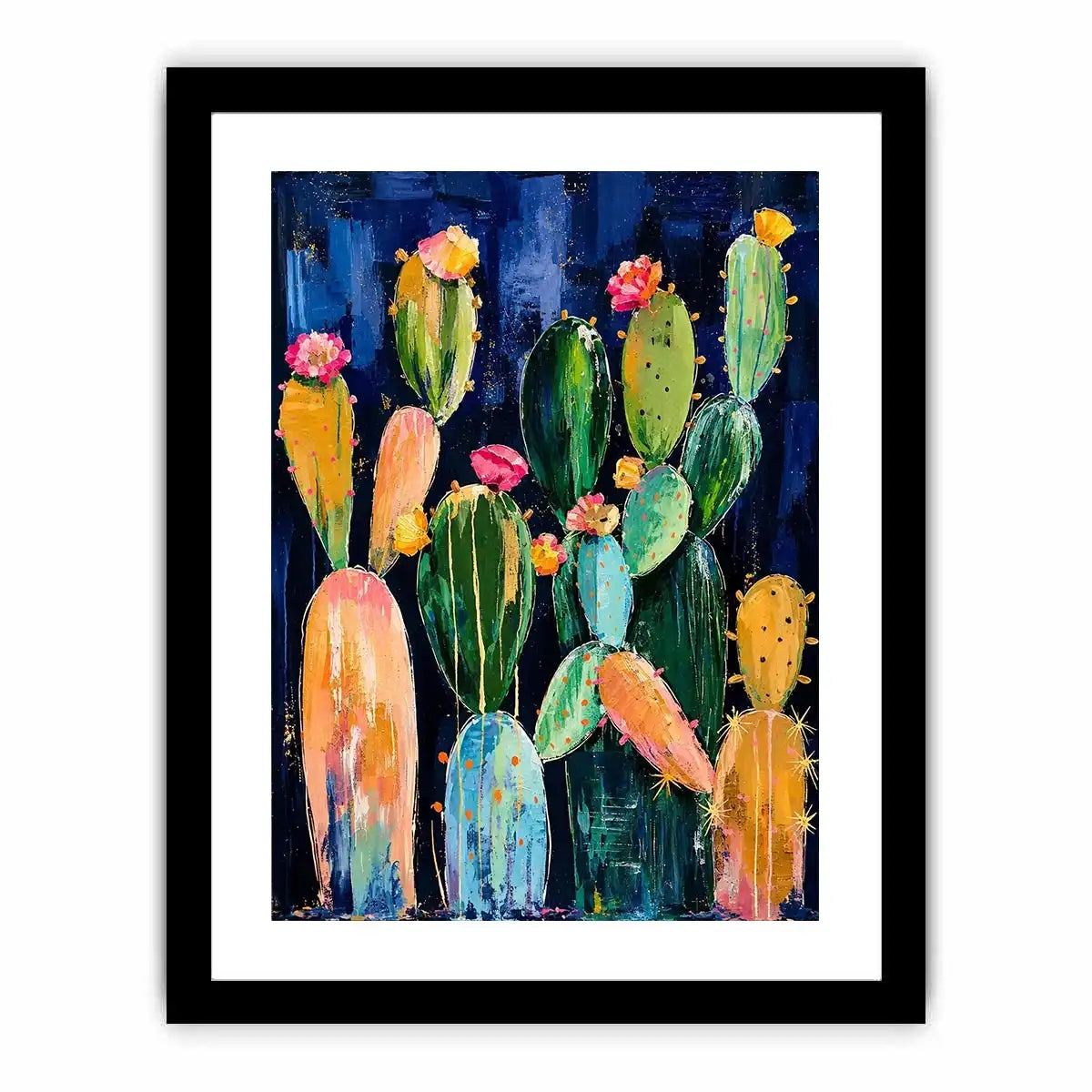 Modern cactus wall art with abstract botanical shapes and soft colors on dark background, stylish desert canvas for living room and hallway decor