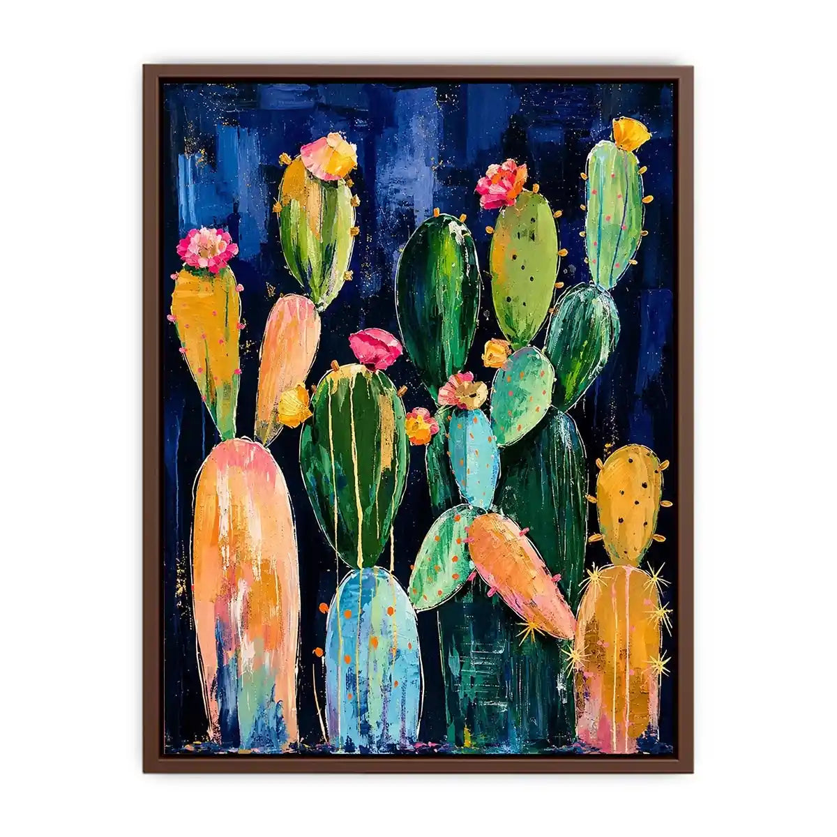 Modern cactus wall art with abstract botanical shapes and soft colors on dark background, stylish desert canvas for living room and hallway decor