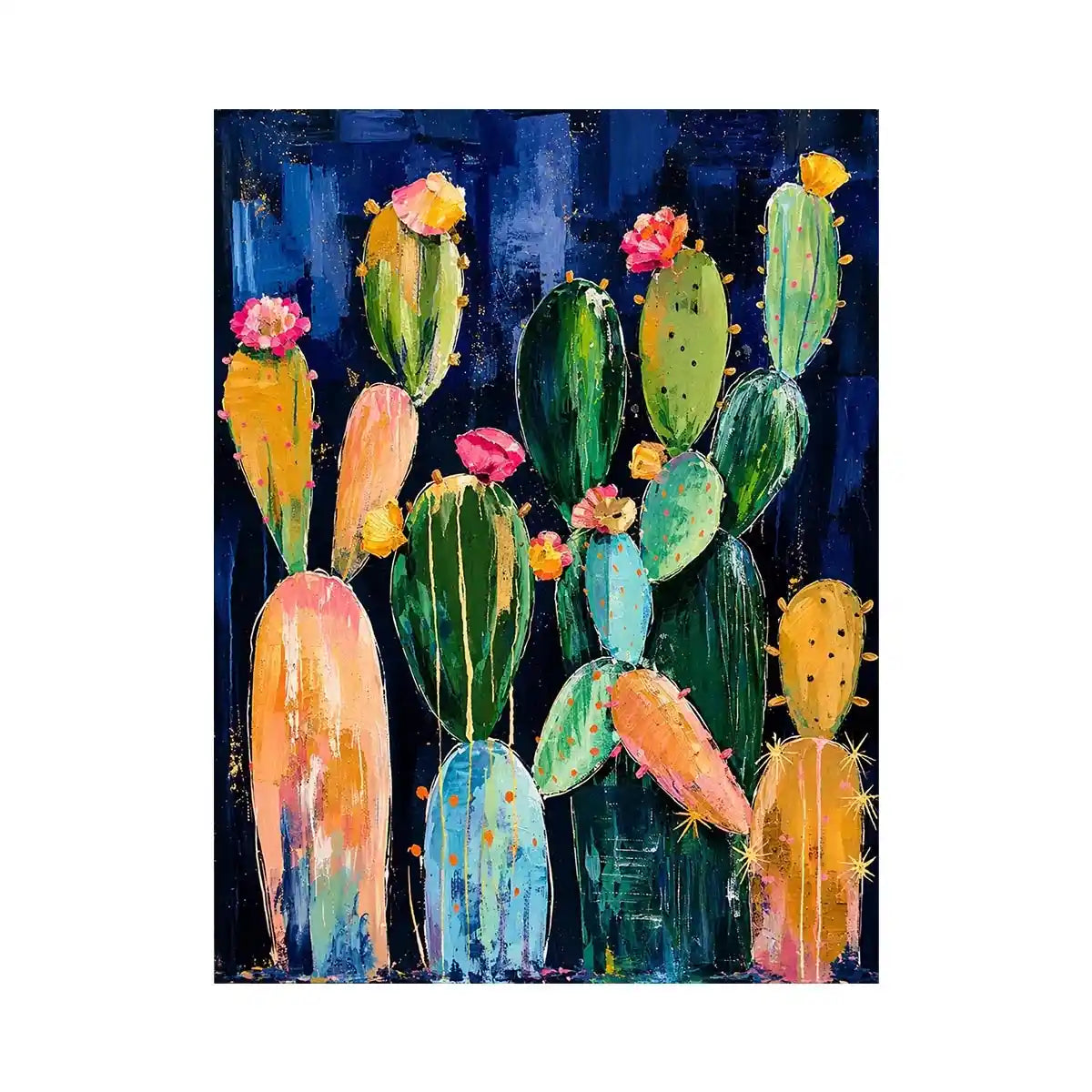 Modern cactus wall art with abstract botanical shapes and soft colors on dark background, stylish desert canvas for living room and hallway decor