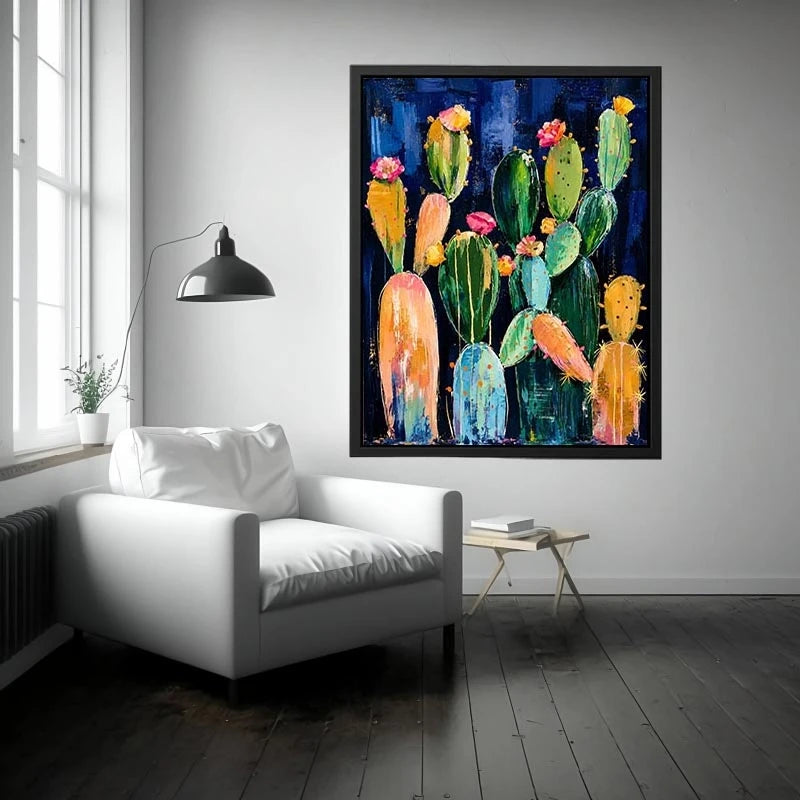 Modern cactus wall art with abstract botanical shapes and soft colors on dark background, stylish desert canvas for living room and hallway decor