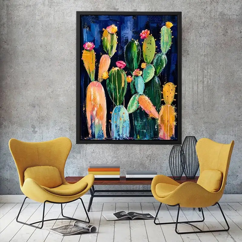 Modern cactus wall art with abstract botanical shapes and soft colors on dark background, stylish desert canvas for living room and hallway decor