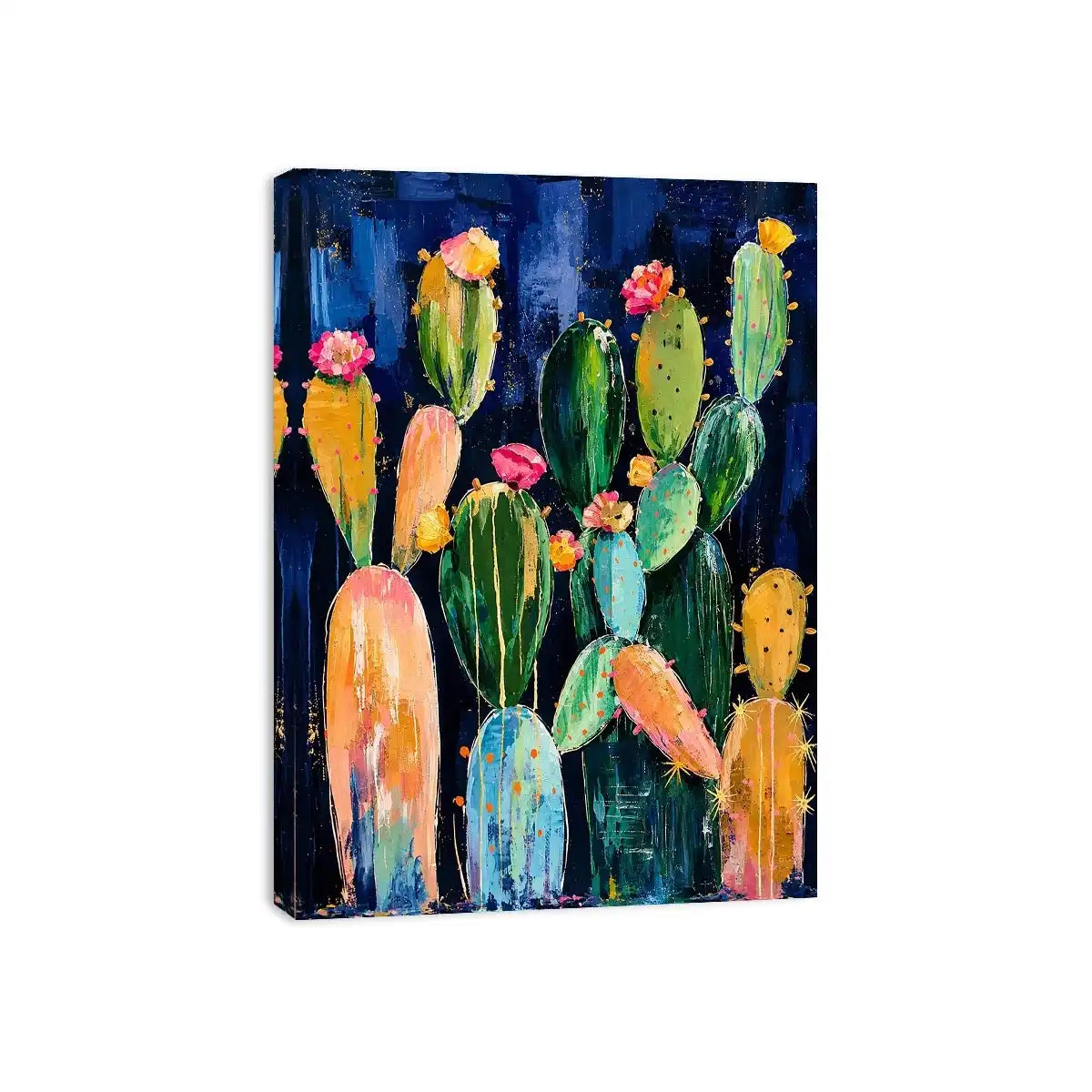 Modern cactus wall art with abstract botanical shapes and soft colors on dark background, stylish desert canvas for living room and hallway decor