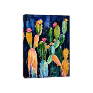 Modern cactus wall art with abstract botanical shapes and soft colors on dark background, stylish desert canvas for living room and hallway decor
