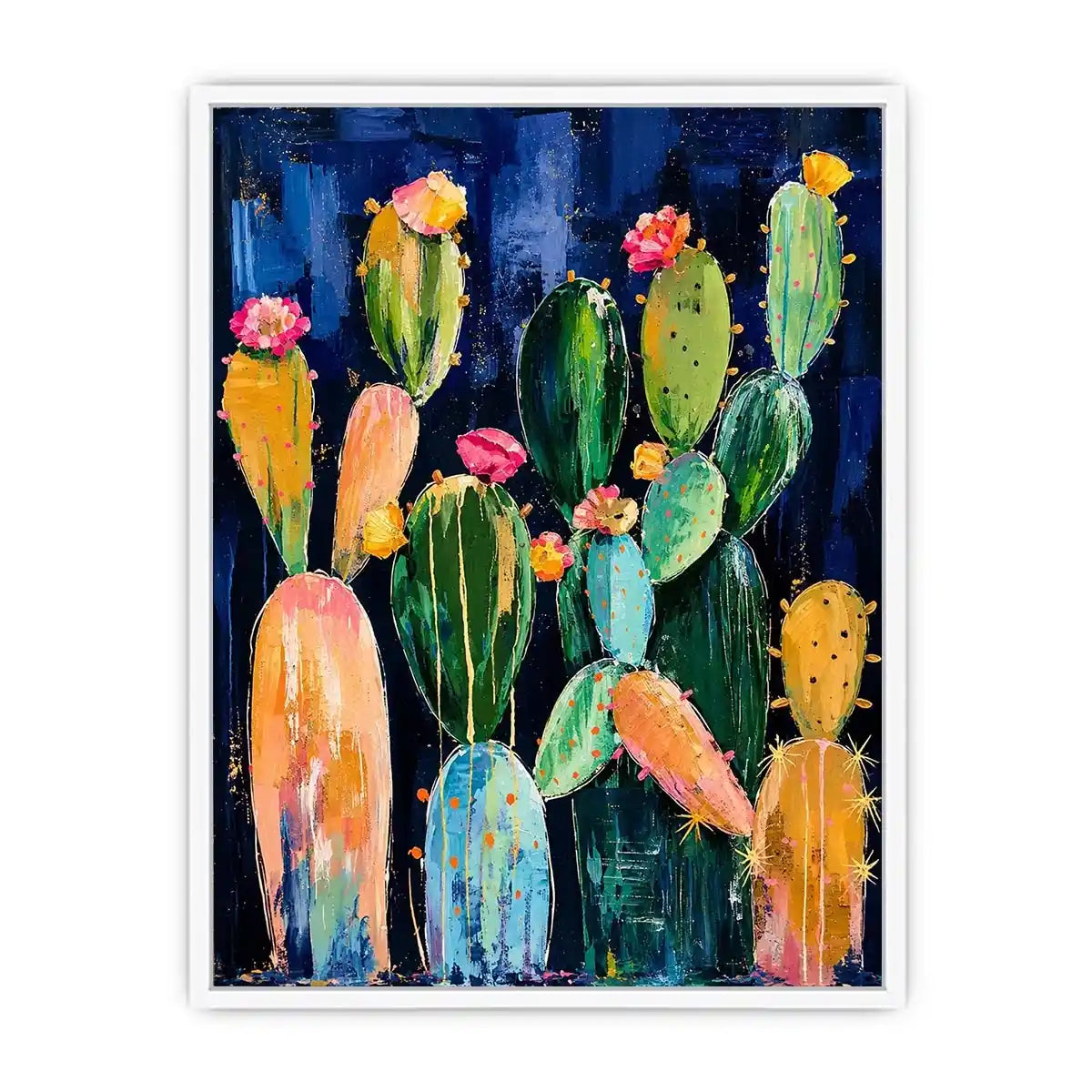 Modern cactus wall art with abstract botanical shapes and soft colors on dark background, stylish desert canvas for living room and hallway decor