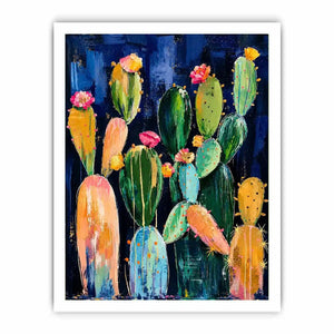 Modern cactus wall art with abstract botanical shapes and soft colors on dark background, stylish desert canvas for living room and hallway decor