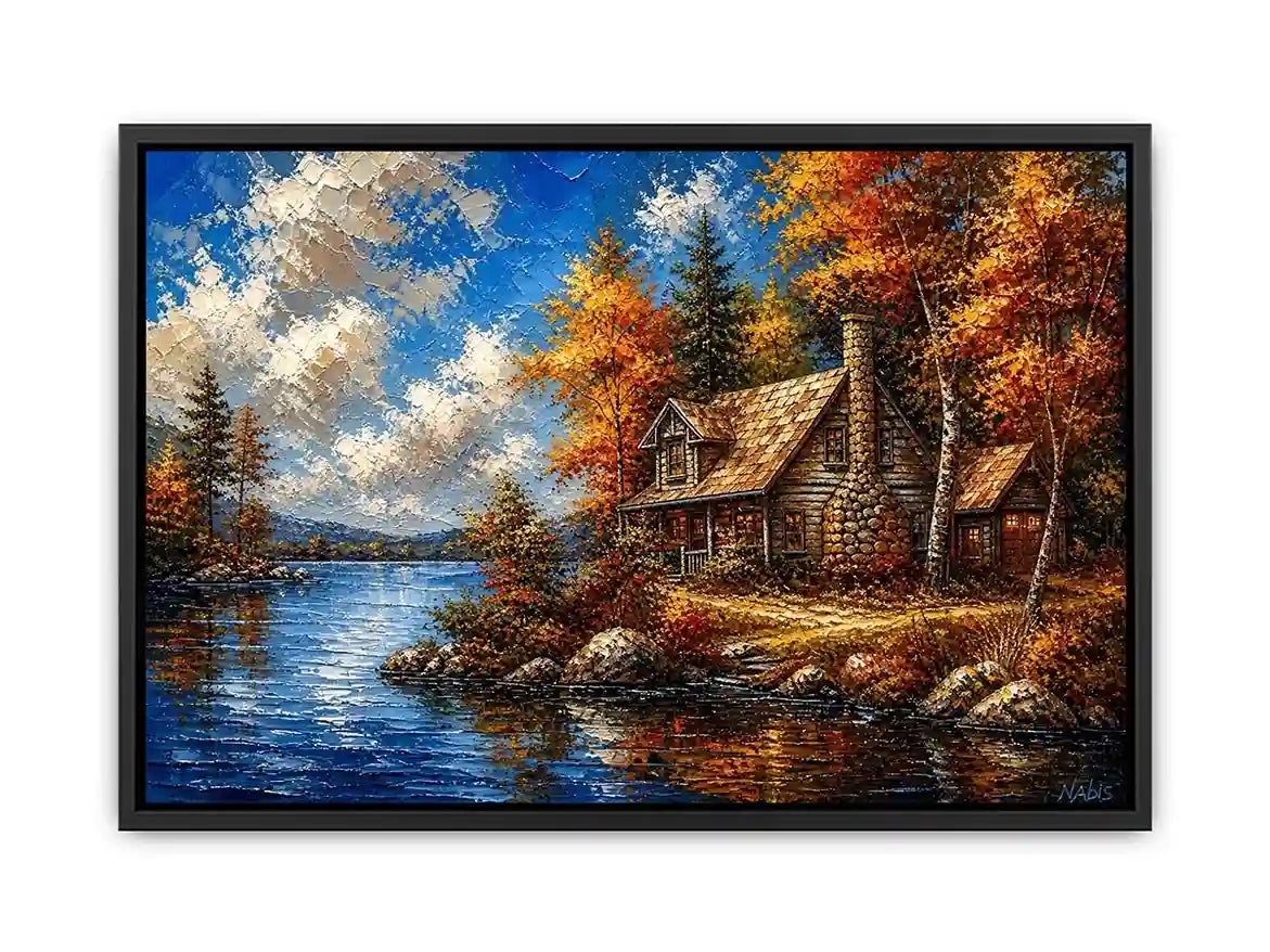 Autumn lake cabin painting with colorful trees and peaceful water reflection