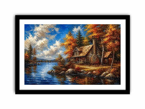 Autumn lake cabin painting with colorful trees and peaceful water reflection