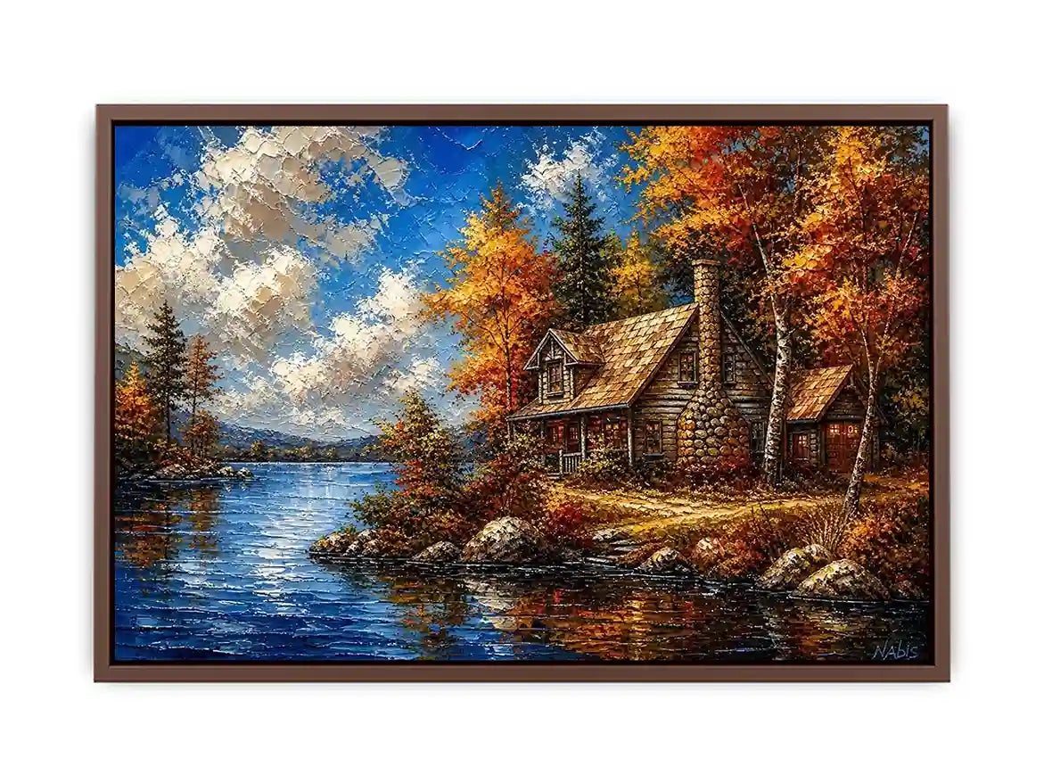 Autumn lake cabin painting with colorful trees and peaceful water reflection