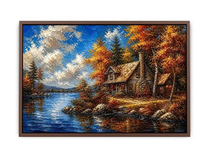 Autumn lake cabin painting with colorful trees and peaceful water reflection