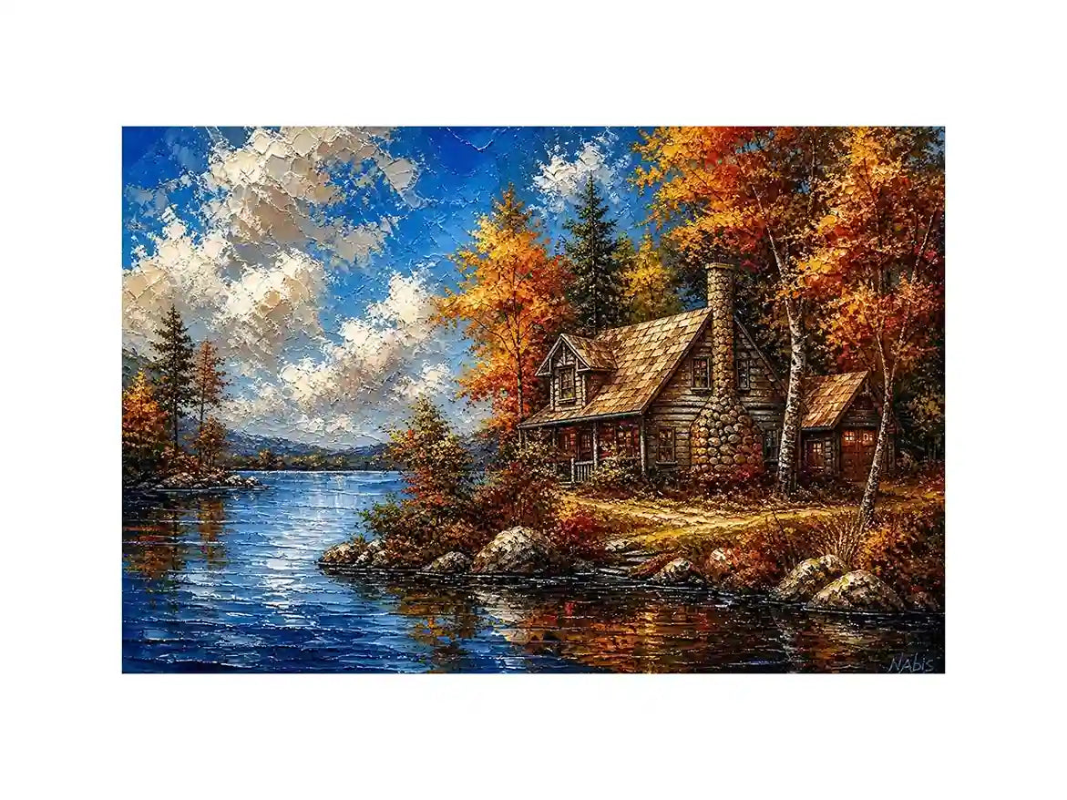 Autumn lake cabin painting with colorful trees and peaceful water reflection