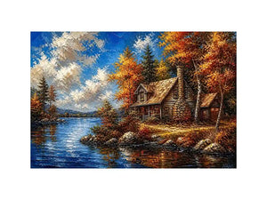 Autumn lake cabin painting with colorful trees and peaceful water reflection