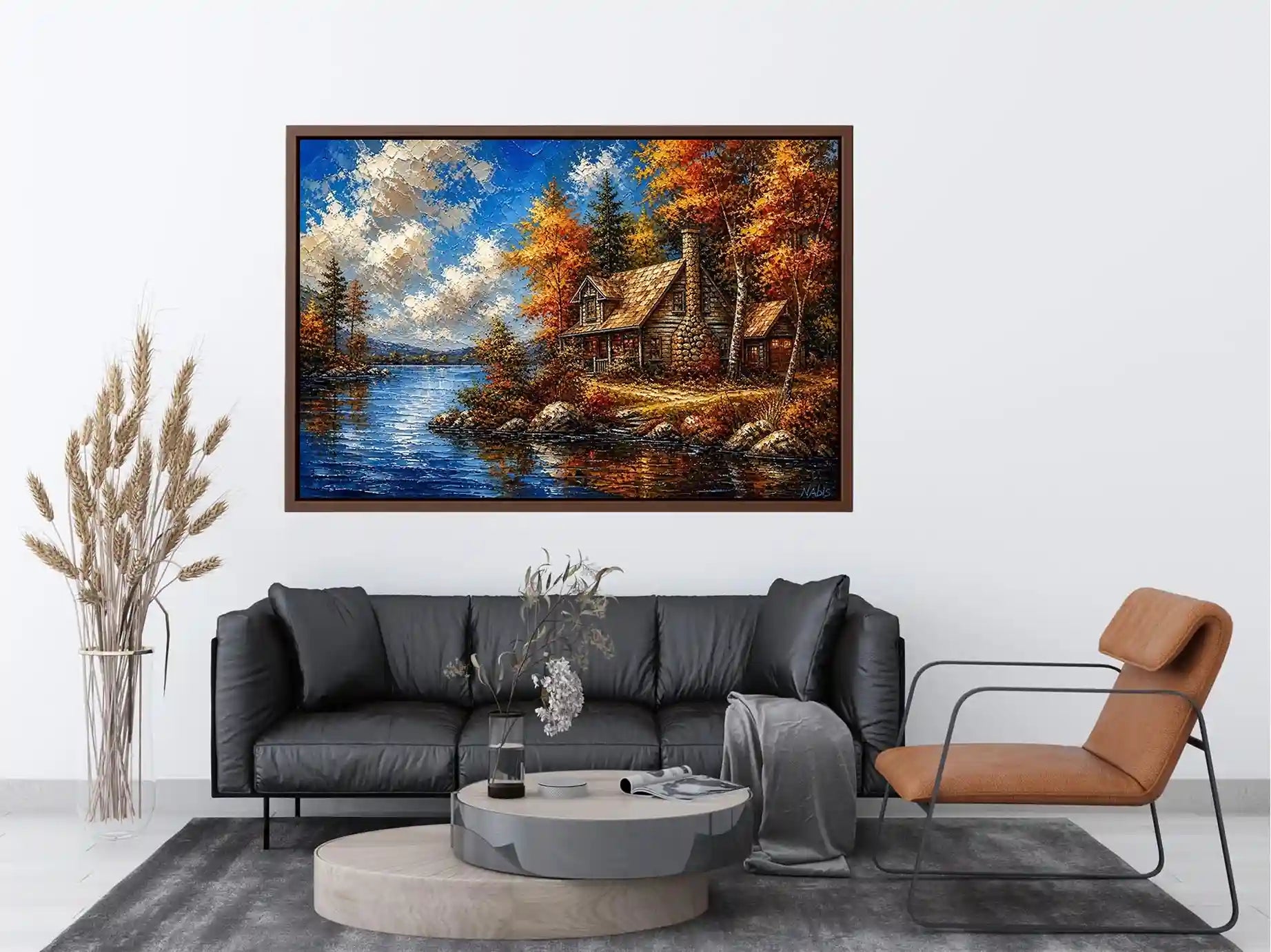 Autumn lake cabin painting with colorful trees and peaceful water reflection