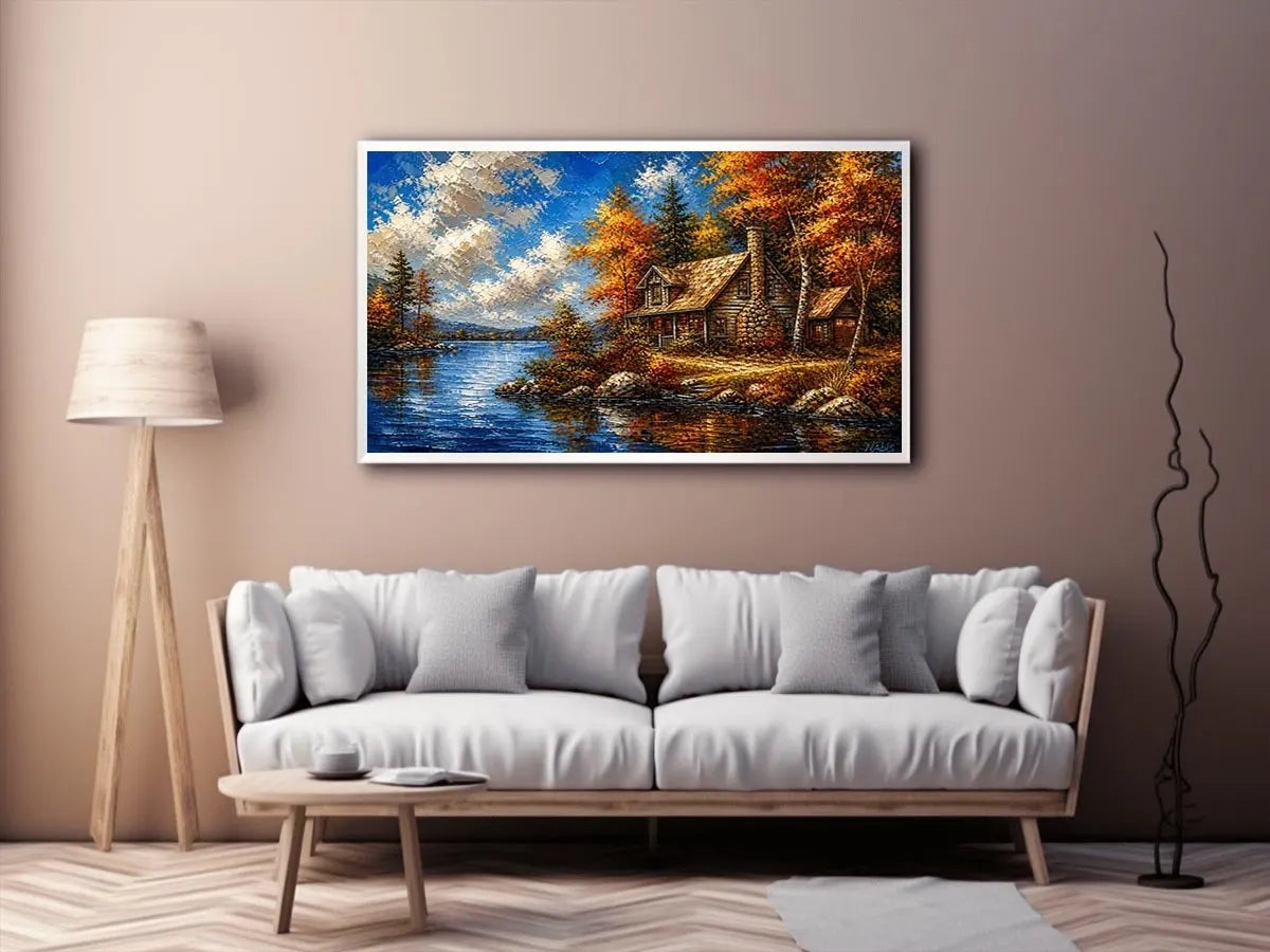 Autumn lake cabin painting with colorful trees and peaceful water reflection