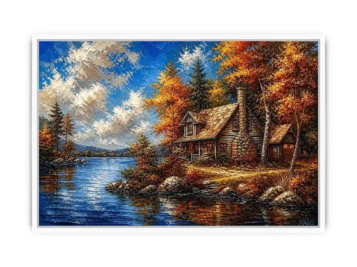 Autumn lake cabin painting with colorful trees and peaceful water reflection