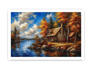 Autumn lake cabin painting with colorful trees and peaceful water reflection