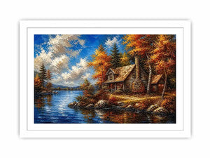 Autumn lake cabin painting with colorful trees and peaceful water reflection