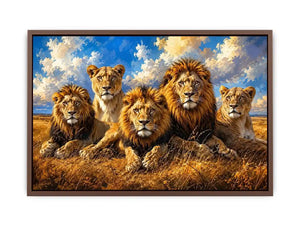 Lion pride wall art with five majestic lions in savanna, modern wildlife canvas for living room and office decor