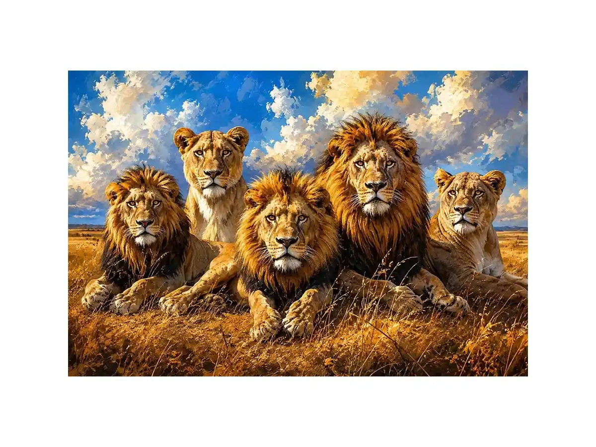 Lion pride wall art with five majestic lions in savanna, modern wildlife canvas for living room and office decor