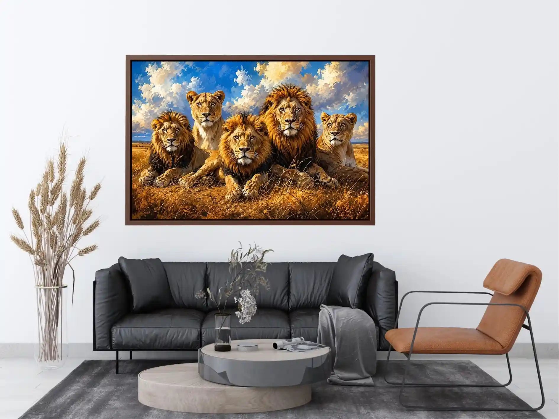 Lion pride wall art with five majestic lions in savanna, modern wildlife canvas for living room and office decor