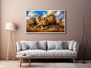 Lion pride wall art with five majestic lions in savanna, modern wildlife canvas for living room and office decor