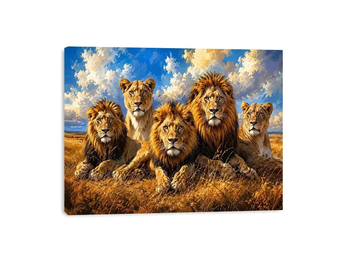Lion pride wall art with five majestic lions in savanna, modern wildlife canvas for living room and office decor