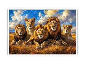 Lion pride wall art with five majestic lions in savanna, modern wildlife canvas for living room and office decor