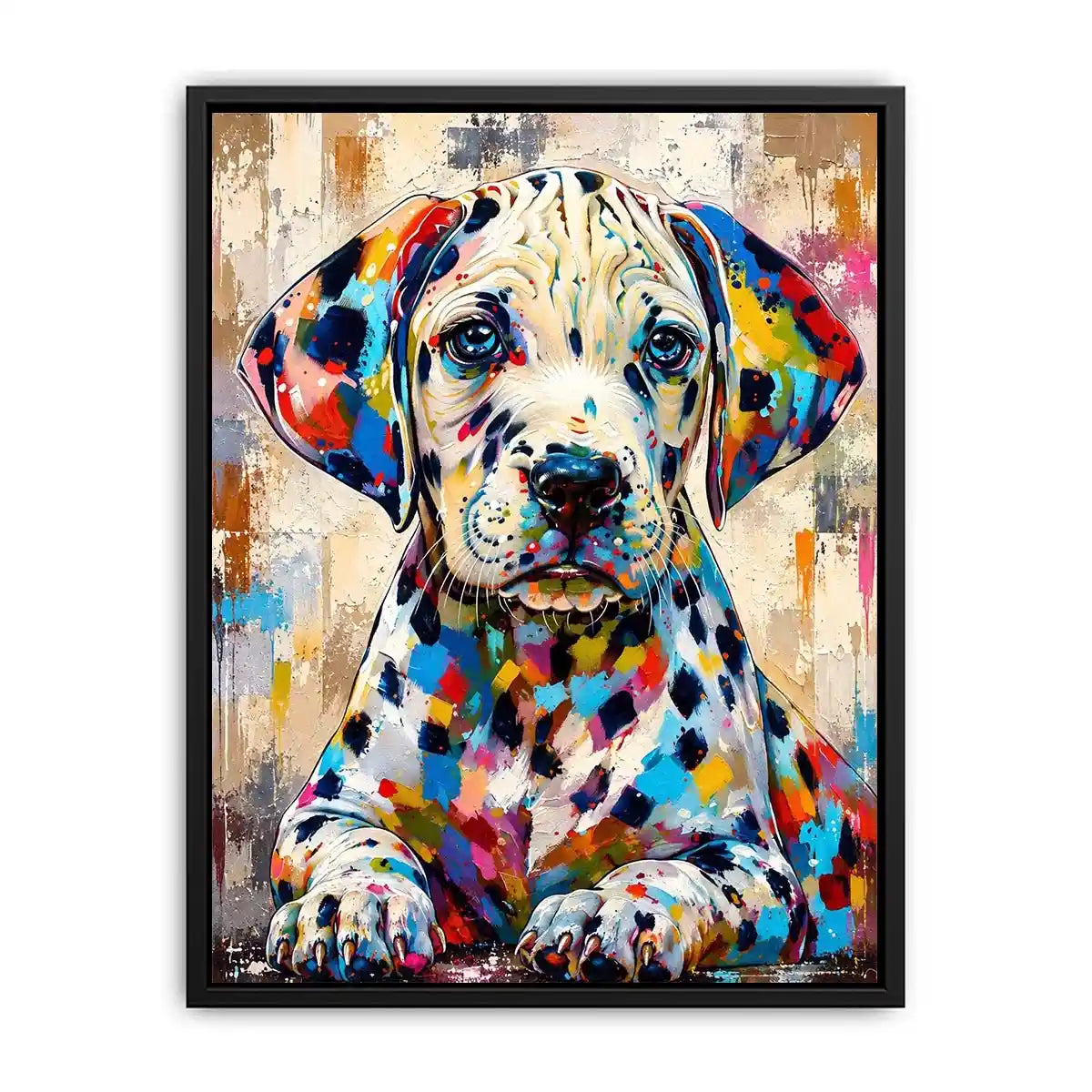 Colorful Dalmatian dog wall art with vibrant abstract paint style, modern pet portrait canvas for living room and kids room decor