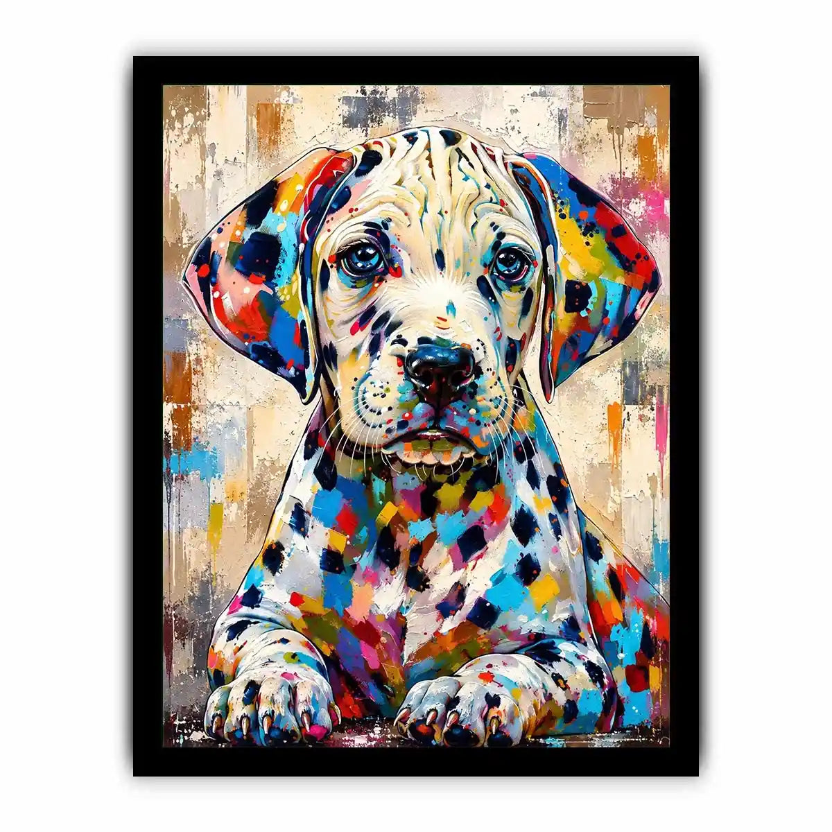 Colorful Dalmatian dog wall art with vibrant abstract paint style, modern pet portrait canvas for living room and kids room decor