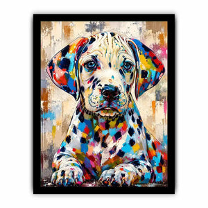 Colorful Dalmatian dog wall art with vibrant abstract paint style, modern pet portrait canvas for living room and kids room decor